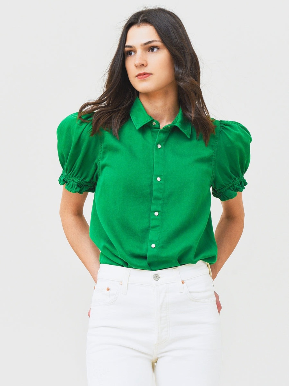 bash green Women's Cdanee Shirt button down short puff sleeve blouse medium